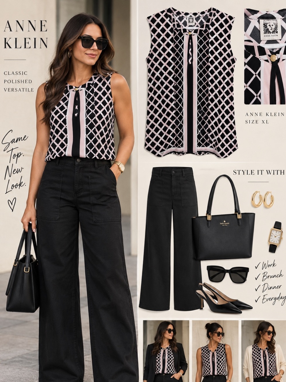 Anne Klein Black and Pink Geometric Sleeveless Blouse